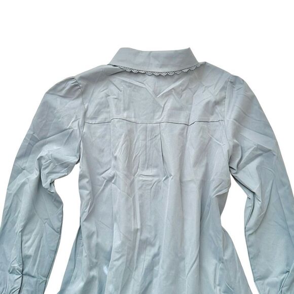 🔴2 for 60🔴 blouse button up long-sleeve blue gray pleated lace trim size M. - Picture 13 of 16